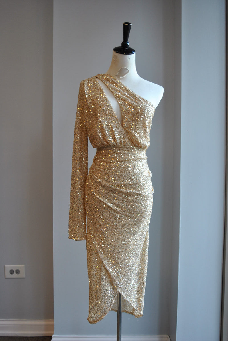 CLEARANCE - GOLD SEQUIN MIDI ASYMMETRIC FIT DRESS Le Obsession Boutique CLEARANCE - GOLD SEQUIN MIDI ASYMMETRIC FIT DRESS Le Obsession Boutique