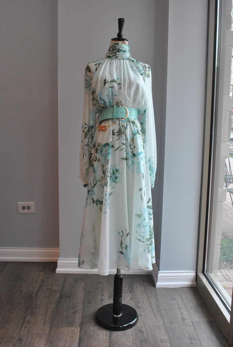 MINT MULTI MIDI DRESS WITH A BELT AND HIGH NECK