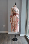 PEACH MULTI MIDI SUMMER DRESS WITH HIGH NECK AND A BELT