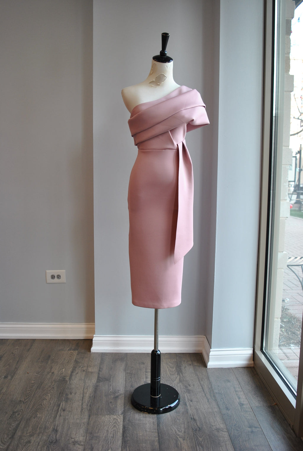 CLEARANCE - BLUSH PINK ASYMMETRIC MIDI COCKTAIL DRESS