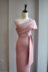 CLEARANCE - BLUSH PINK ASYMMETRIC MIDI COCKTAIL DRESS