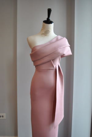 CLEARANCE - BLUSH PINK ASYMMETRIC MIDI COCKTAIL DRESS
