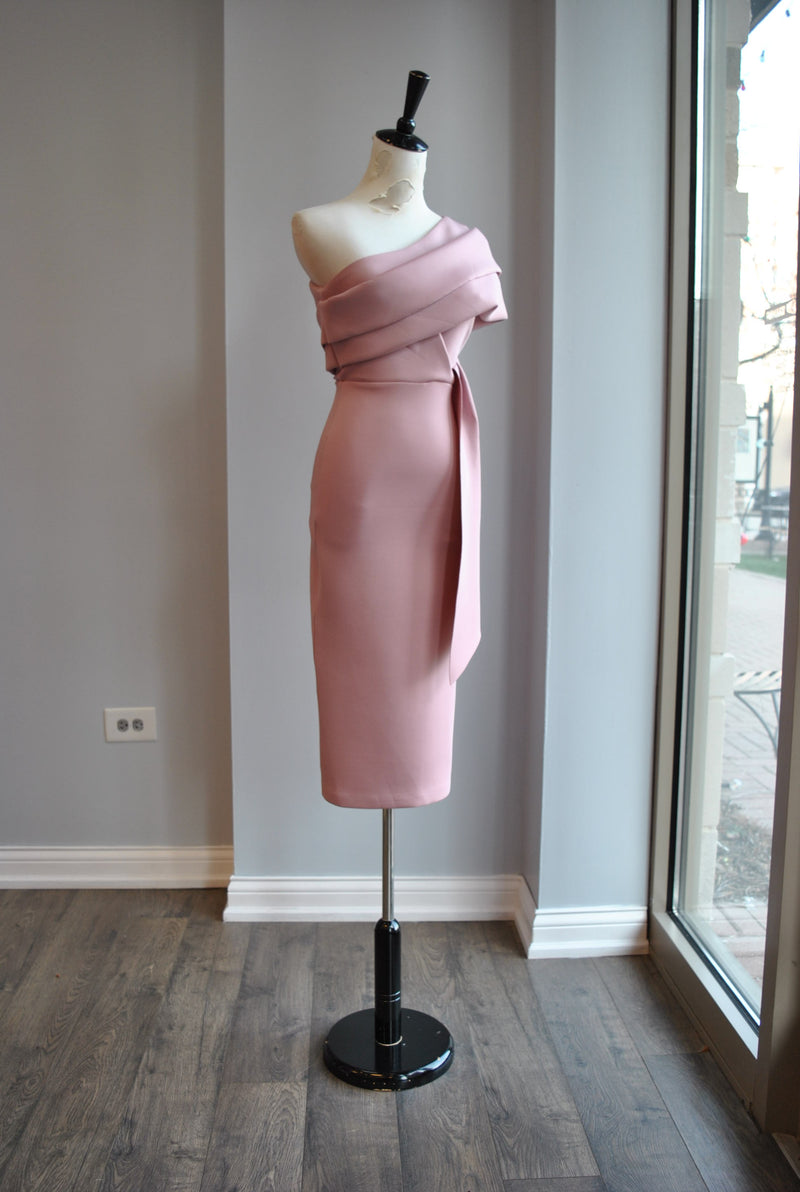 CLEARANCE - BLUSH PINK ASYMMETRIC MIDI COCKTAIL DRESS