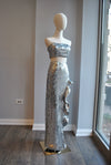 CLEARANCE - SILVER SEQUIN SET OF LONG ASYMMETRIC SKIRT AND A TOP