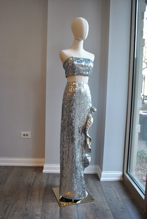 CLEARANCE - SILVER SEQUIN SET OF LONG ASYMMETRIC SKIRT AND A TOP