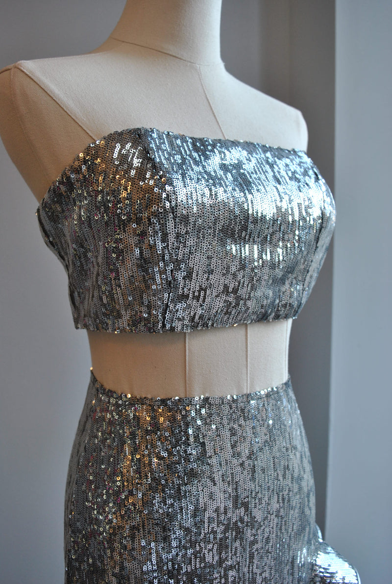 CLEARANCE - SILVER SEQUIN SET OF LONG ASYMMETRIC SKIRT AND A TOP