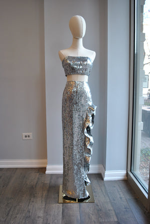 CLEARANCE - SILVER SEQUIN SET OF LONG ASYMMETRIC SKIRT AND A TOP