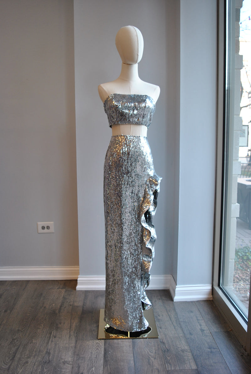 SILVER SEQUIN SET OF LONG ASYMMETRIC SKIRT AND A TOP