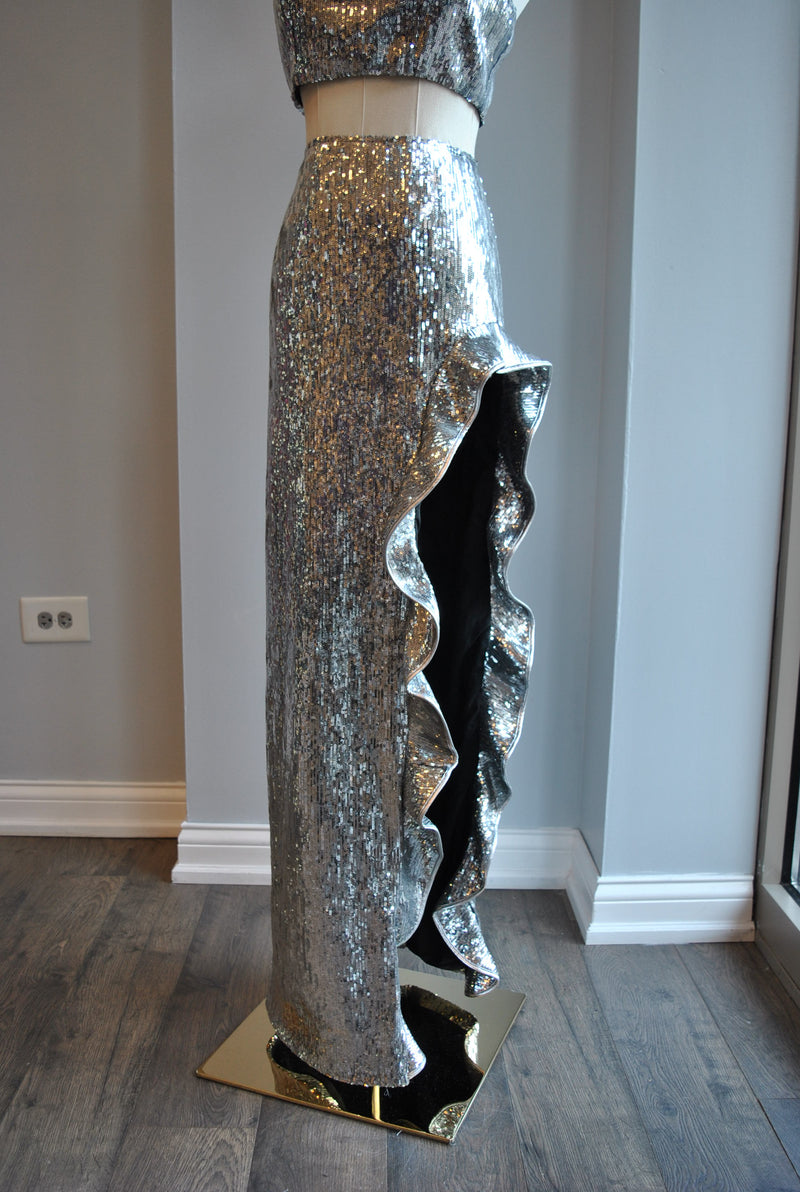 CLEARANCE - SILVER SEQUIN SET OF LONG ASYMMETRIC SKIRT AND A TOP