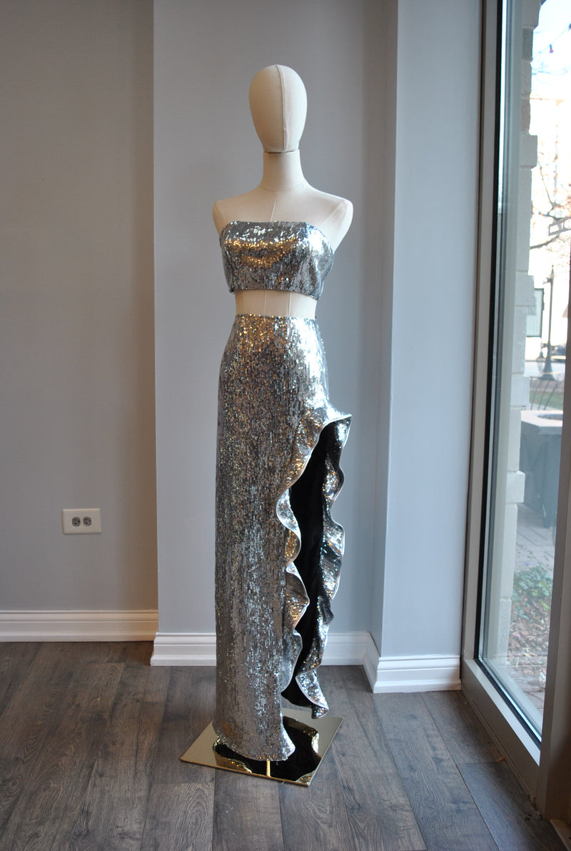 SILVER SEQUIN SET OF LONG ASYMMETRIC SKIRT AND A TOP