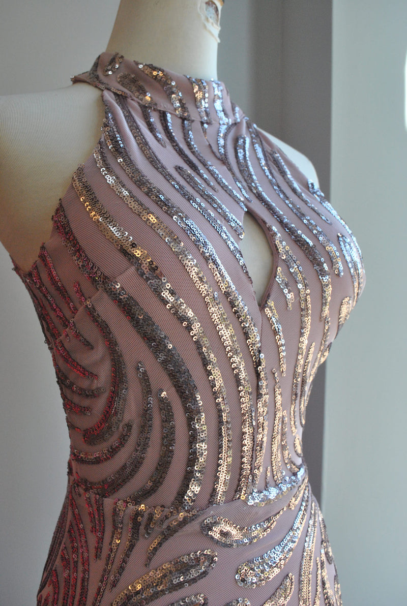 PINK LAVENDER SEQUIN LONG EVENING HALTER STYLE GOWN