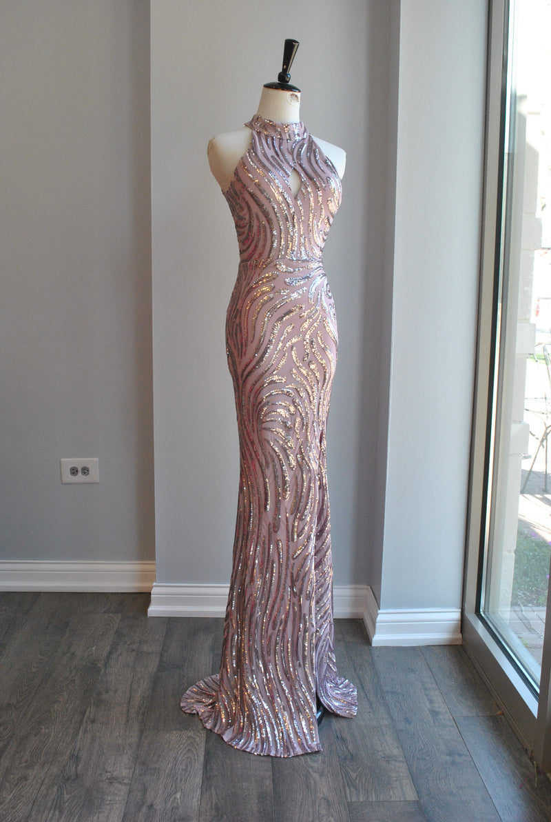 PINK LAVENDER SEQUIN LONG EVENING HALTER STYLE GOWN