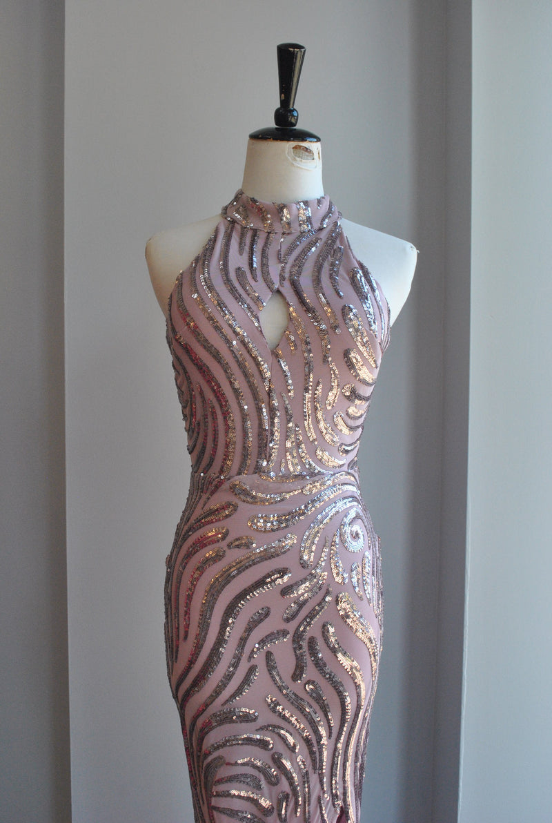 PINK LAVENDER SEQUIN LONG EVENING HALTER STYLE GOWN