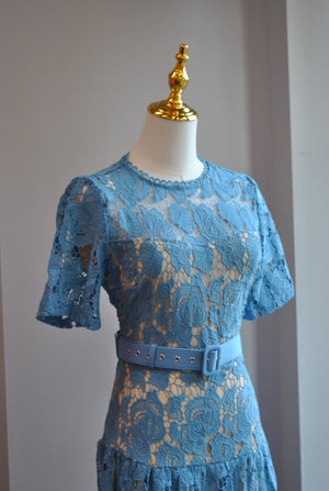 BLUE LACE MIDI DRESS WITH A BELT