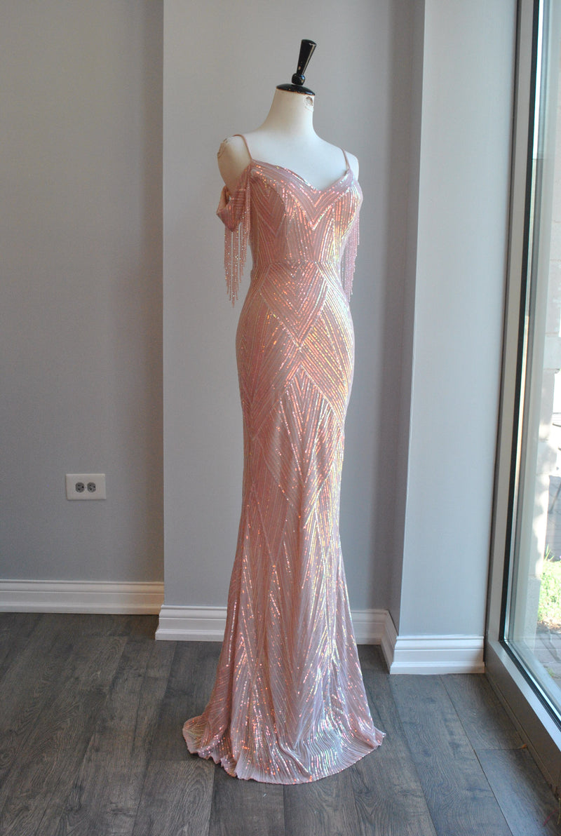 BLUSH PINK SEQUIN LONG EVENING GOWN