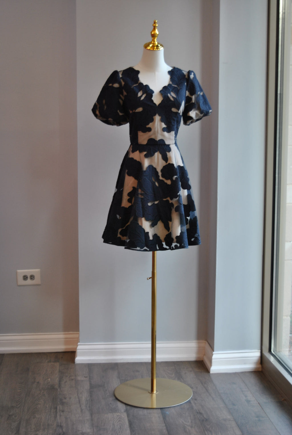 NAVY BLUE LACE FIT AND FLAIR MINI DRESS