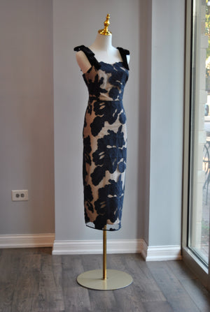 NAVY BLUE AND BEIGE MIDI FIT DRESS WITH VELEVT BOWS
