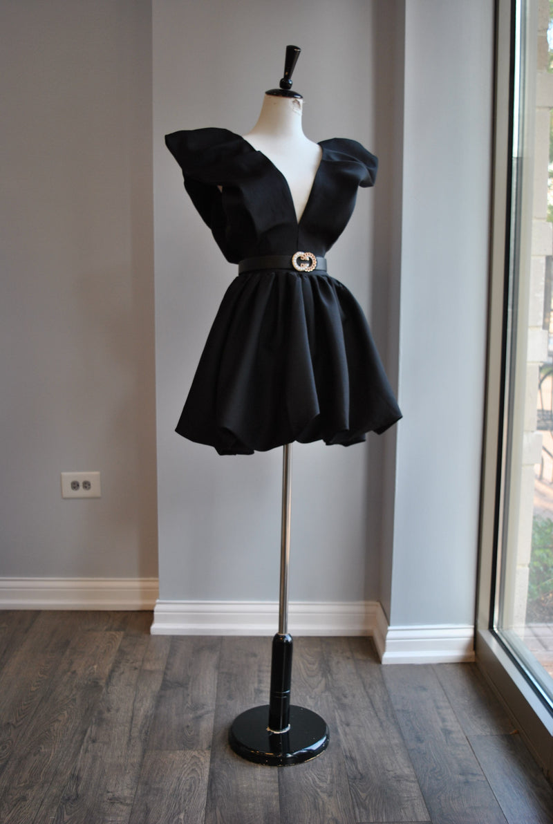 CLEARANCE - BLACK MINI FIT AND FLAIR DRESS WITH STATEMENT RUFFLE SLEEVES