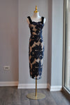 NAVY BLUE AND BEIGE MIDI FIT DRESS WITH VELEVT BOWS