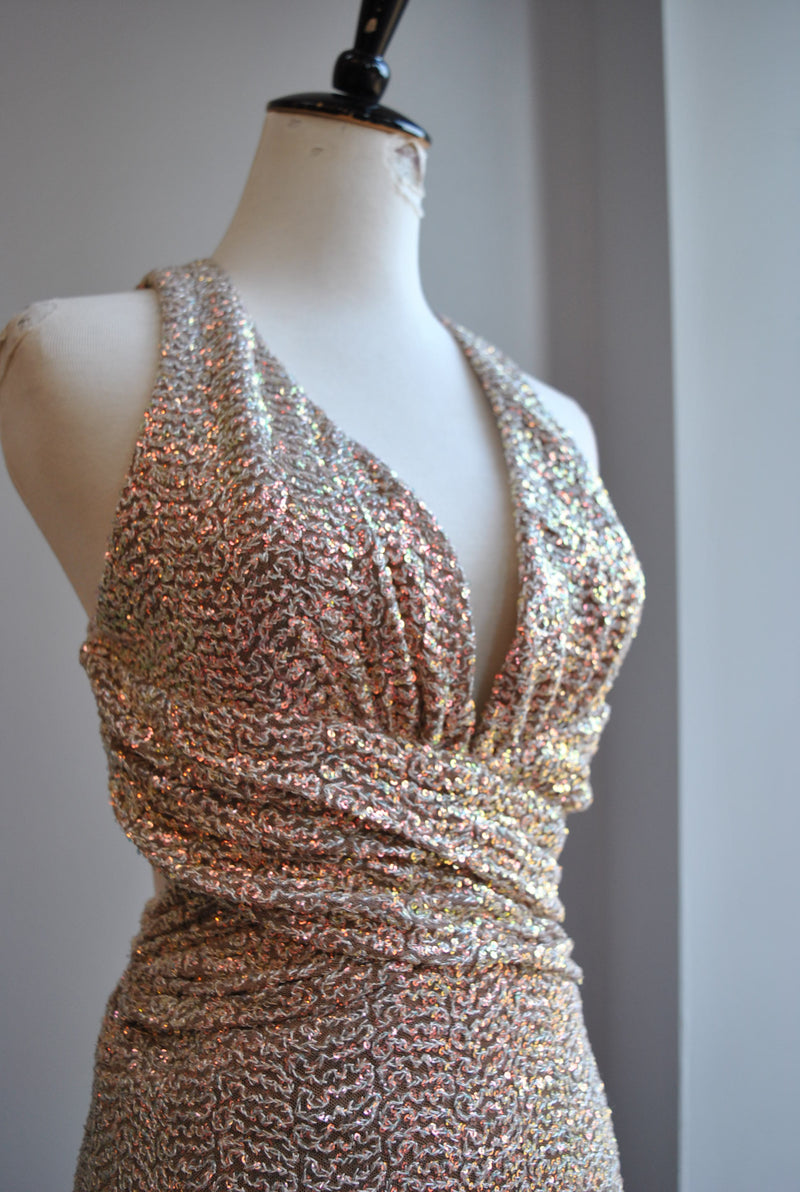 CLEARANCE - CHAMPAGNE MULTI SEQUIN LONG EVENING DRESS WITH OPEN BACK