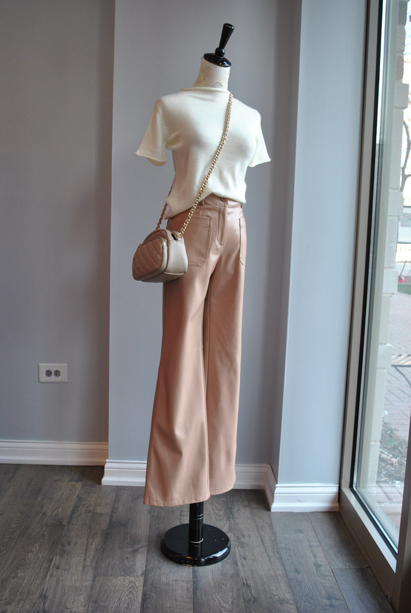 CARAMEL FAUX LEATHER SIDE POCKETS PANTS