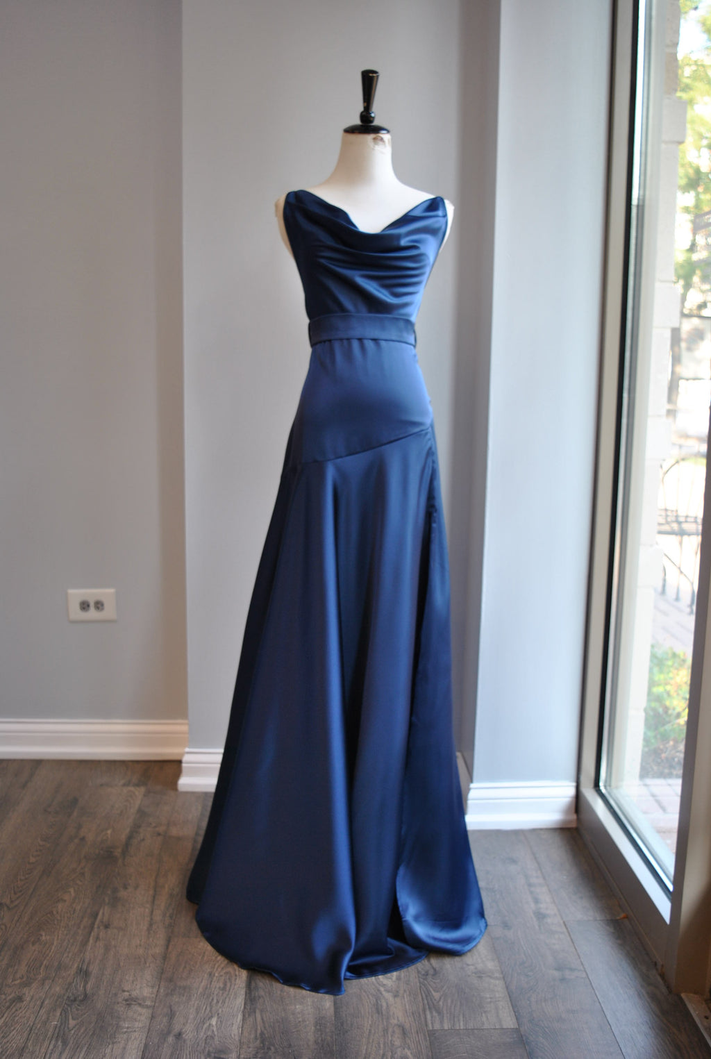 CLEARANCE - NAVY BLUE SILKY LONG DRESS WITH OPEN BACK AND SIDE SLIT