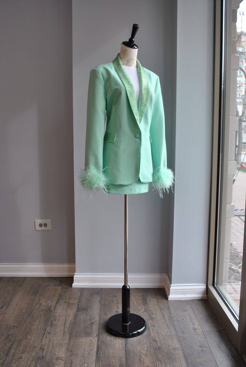 MINT SUIT WITH MINI SKIRT AND BLAZER