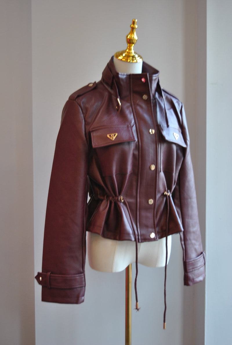 CHERRY RED FAUX LEATHER CROPPED JACKET