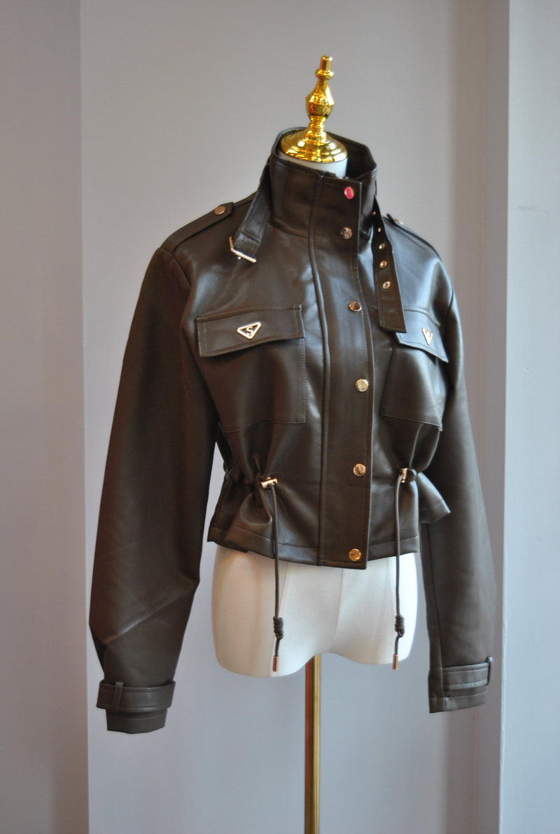CHOCOLATE BROWN FAUX LEATHER JACKET