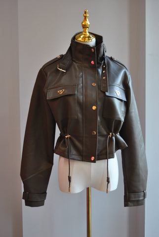 BLACK CROPPED FAUX LEATHER JACKET AND FUR