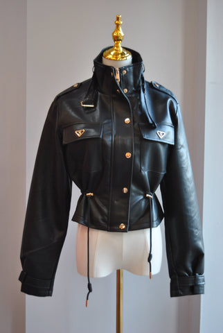 BLACK CROPPED FAUX LEATHER JACKET AND FUR