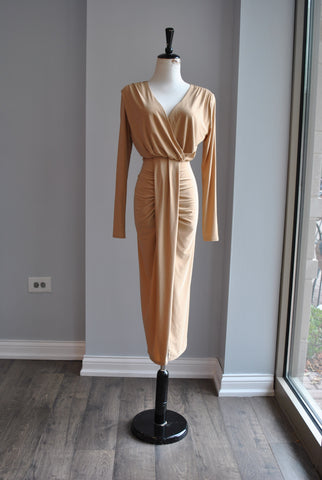 TAUPE FIT DRESS WITH HIGH NECK AND RUSHING