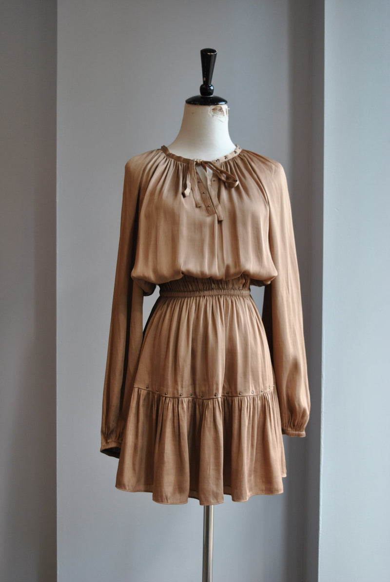 GOLD  SILKY DRESS WITH ELASTIC WAIST AND STUDS
