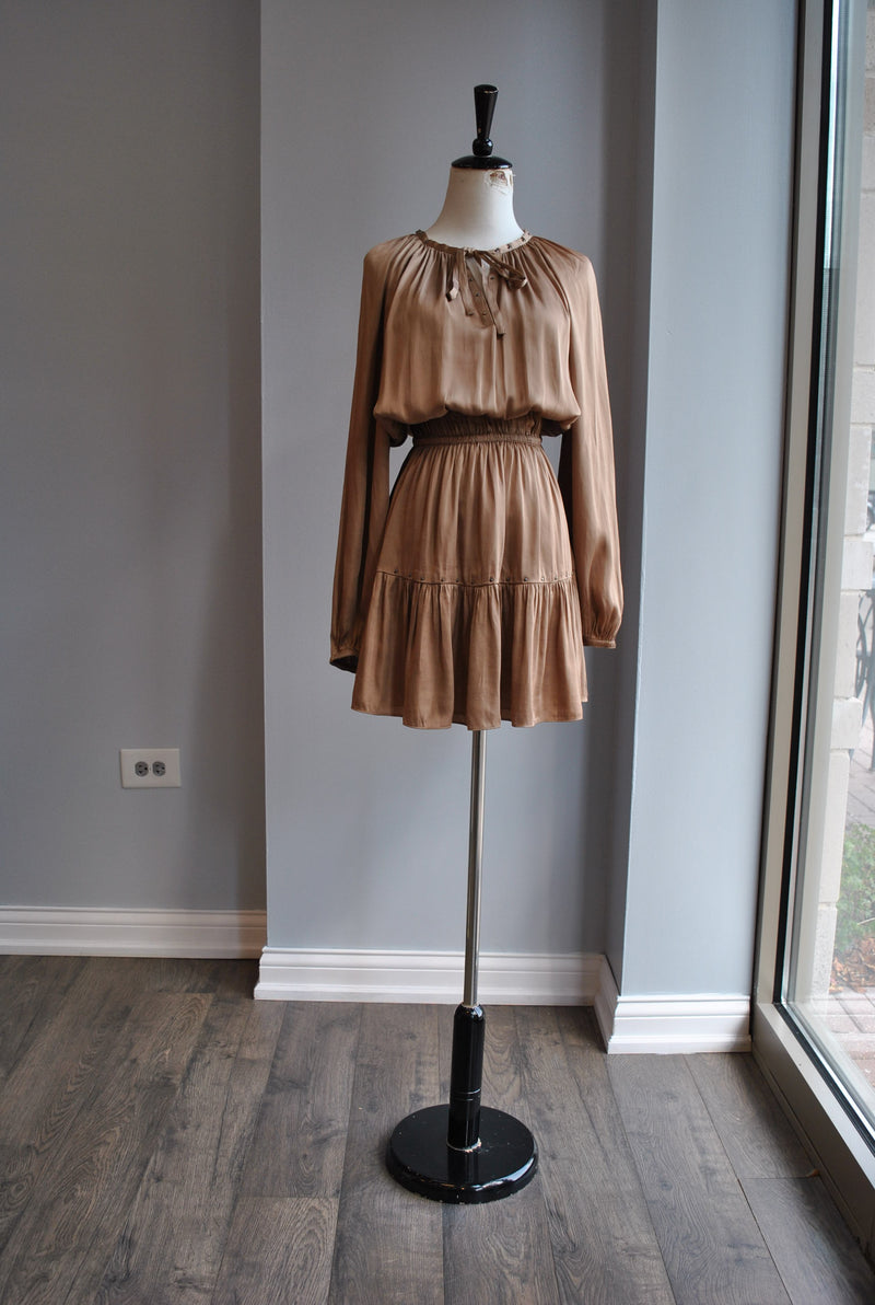 GOLD  SILKY DRESS WITH ELASTIC WAIST AND STUDS