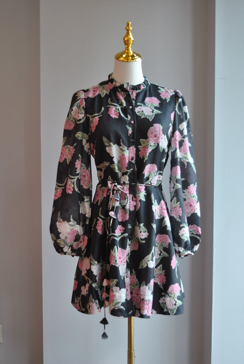 BLACK AND PINK FLOWER FIT AND FLAIR MINI DRESS