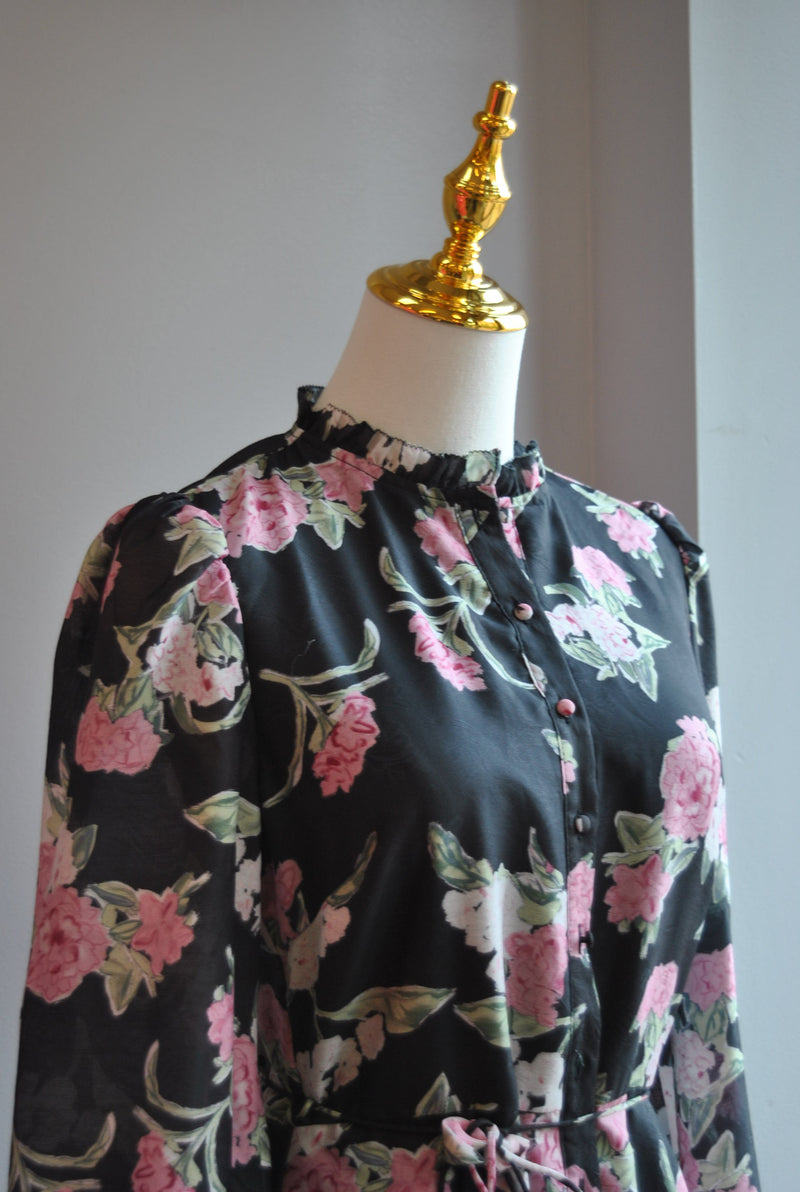 BLACK AND PINK FLOWER FIT AND FLAIR MINI DRESS
