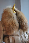 BEIGE WINTER JACKET WITH ELASTIC WAIST AND DETACHABLE FUR