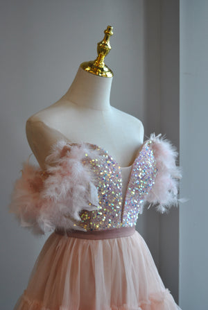 CLEARANCE - BLUSH PINK MESH WITH SEQUINS AND FEATHERS MINI PARTY DRESS