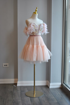 CLEARANCE - BLUSH PINK MESH WITH SEQUINS AND FEATHERS MINI PARTY DRESS
