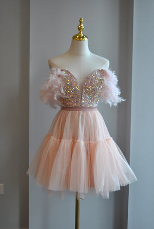 CLEARANCE - BLUSH PINK MESH WITH SEQUINS AND FEATHERS MINI PARTY DRESS