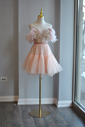 CLEARANCE - BLUSH PINK MESH WITH SEQUINS AND FEATHERS MINI PARTY DRESS