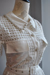 WHITE FIT AND FLAIR DRESS WITH PEARLS AND RHINESTONES