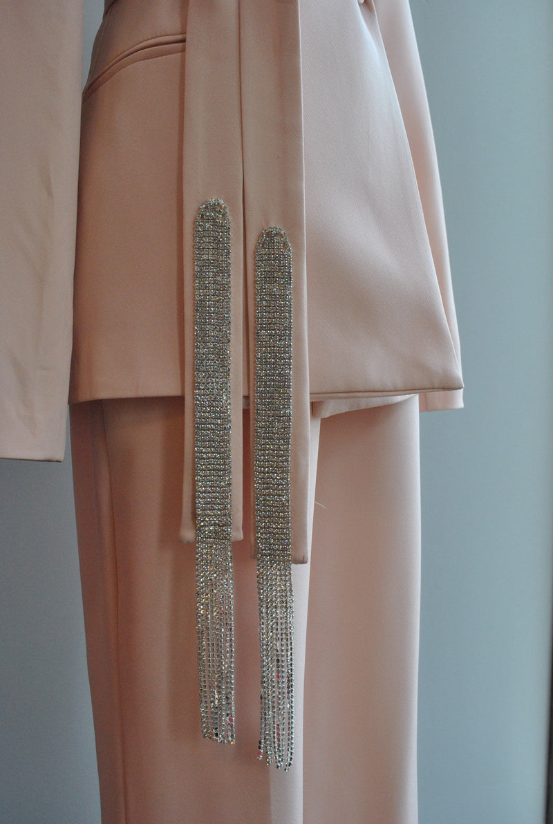 BLUSH PINK SUIT WITH HIGH WAISTED PANTS AND CRYSTAL BELT