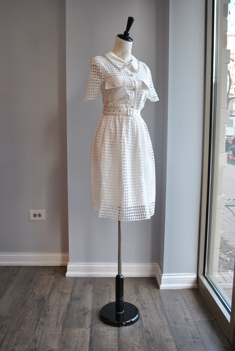 WHITE FIT AND FLAIR DRESS WITH PEARLS AND RHINESTONES