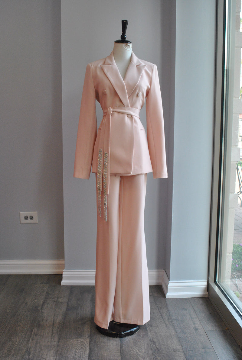 BLUSH PINK SUIT WITH HIGH WAISTED PANTS AND CRYSTAL BELT