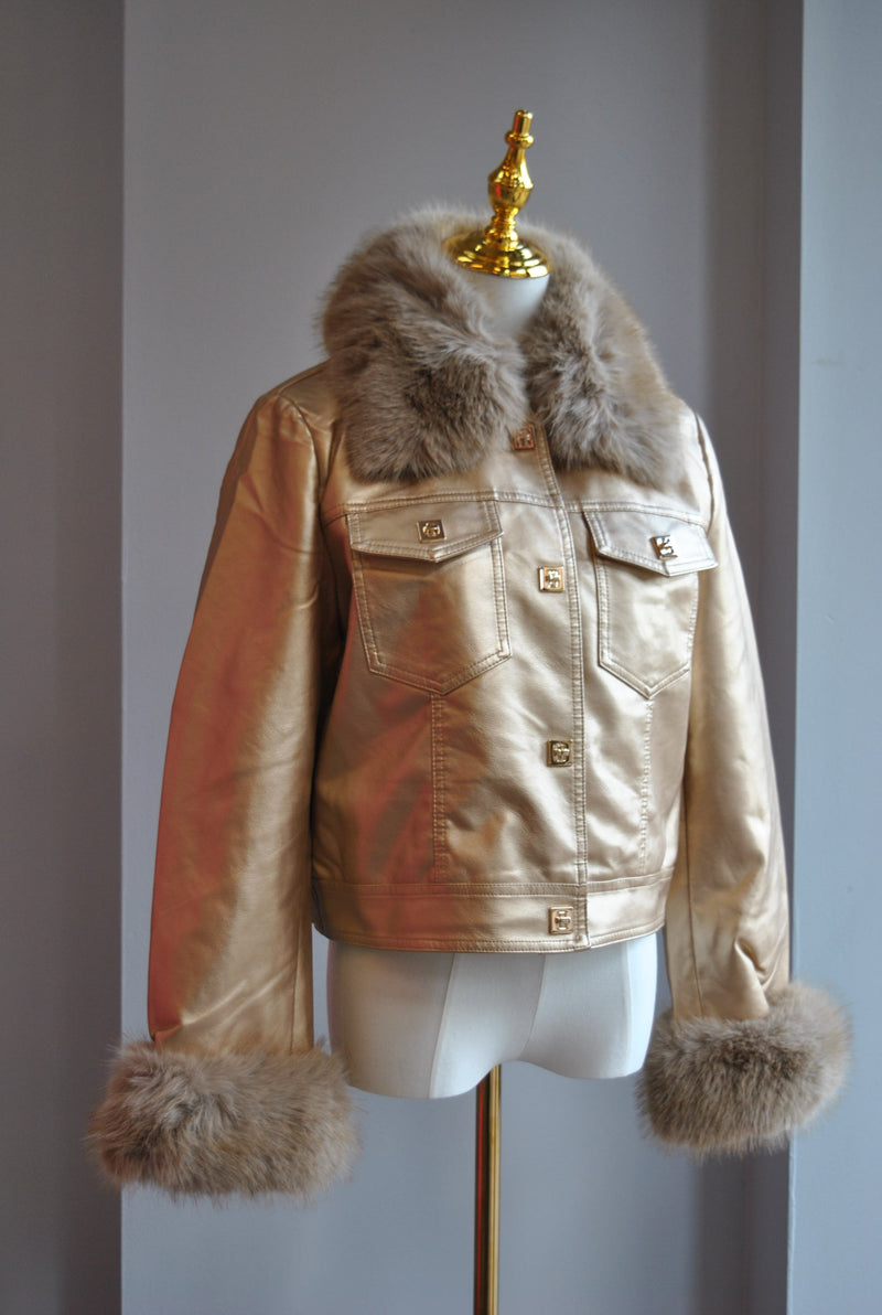 GOLD FAUX LEATHER JACKET WITH FAUX FUR