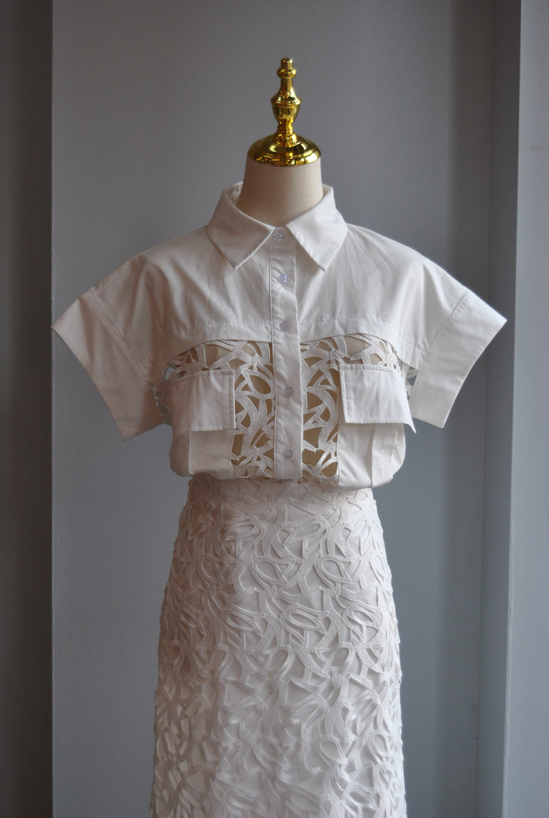 WHITE LACE SET WITH MIDI SKIRT AND A BLOUSE