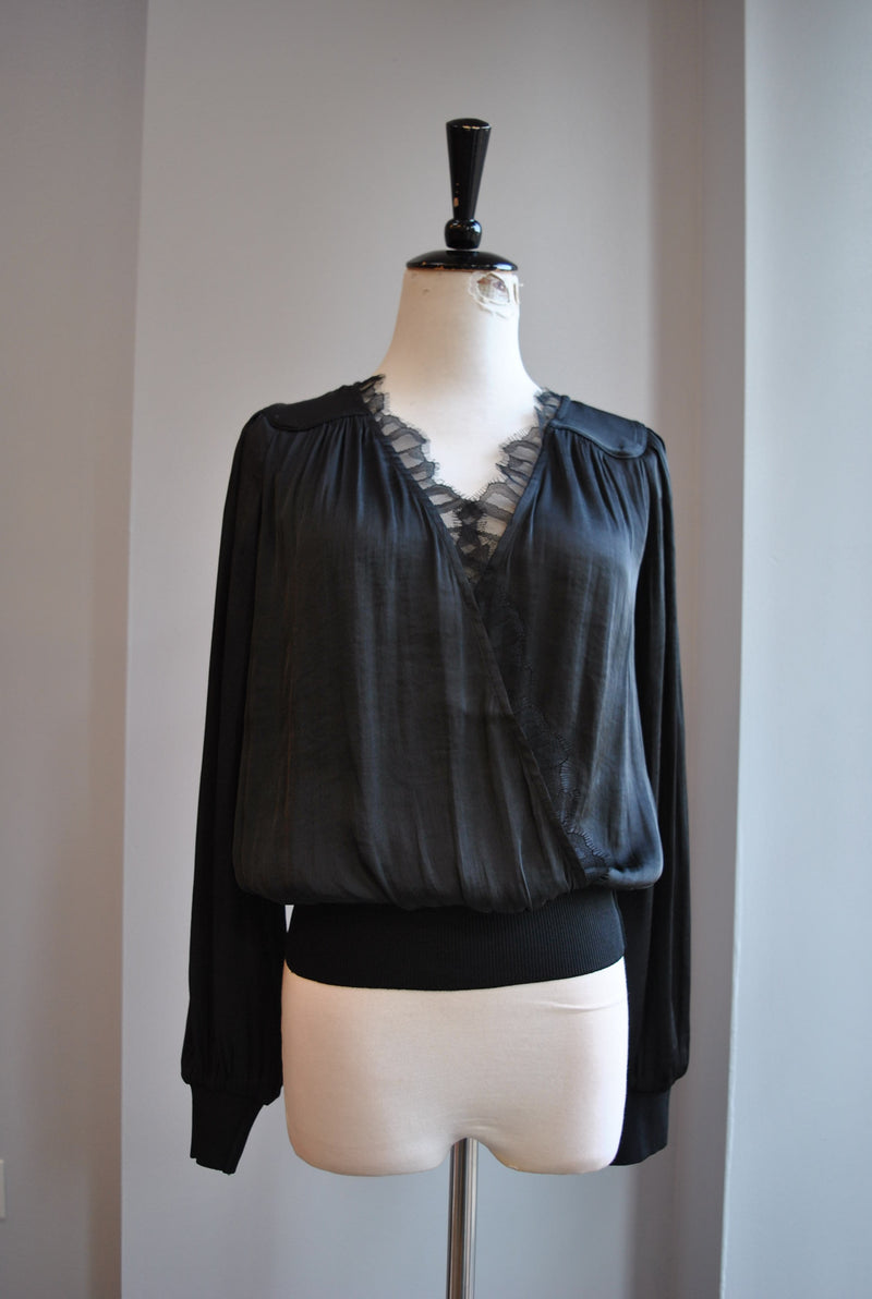BLACK SILKY WRAP TOP WITH LACE
