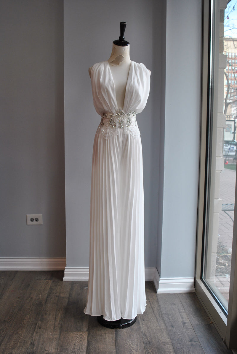 WHITE PLEATED JUMPSUIT WITH CRYSTALS