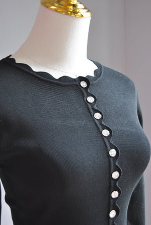 SIMPLE BLACK SWEATER TOP WITH CRYSTAL BUTTONS